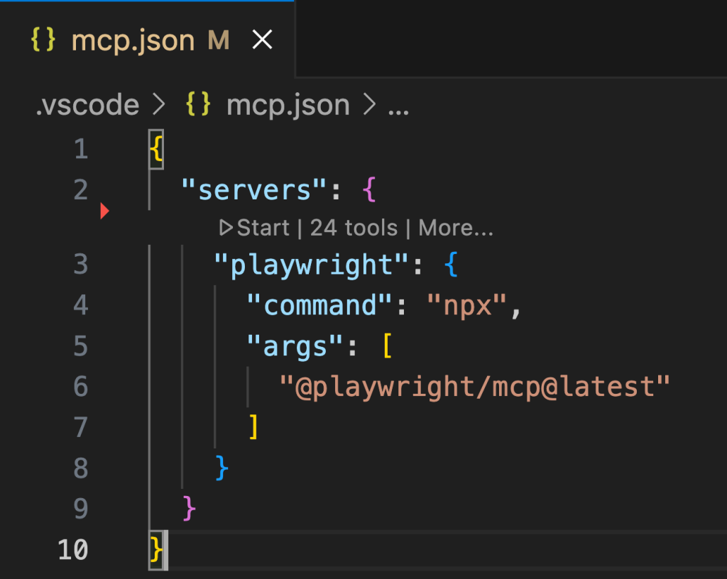 A screenshot showing the play button below "servers", just above "playwright", in a VS Code window.