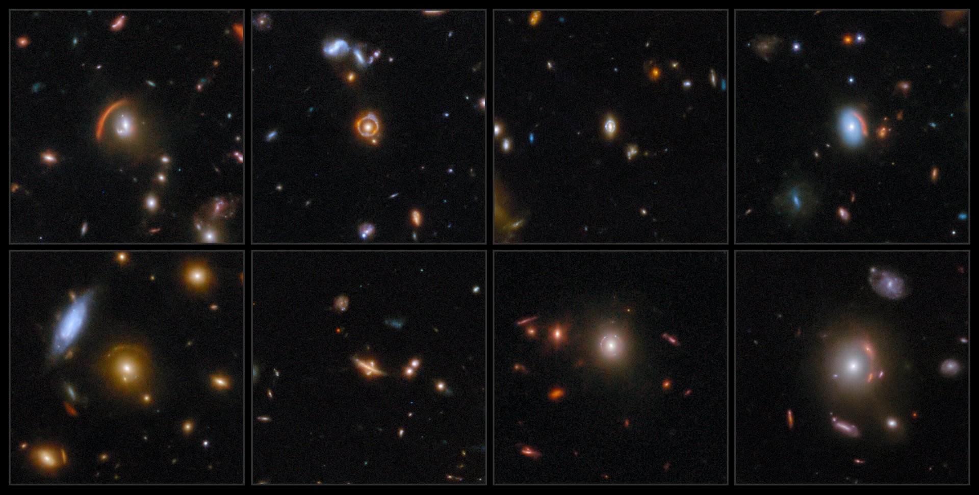 A collage of eight Webb images of gravitational lensing, each showing various distorted galaxies in the center of each frame. Credit: ESA/NASA/CSA