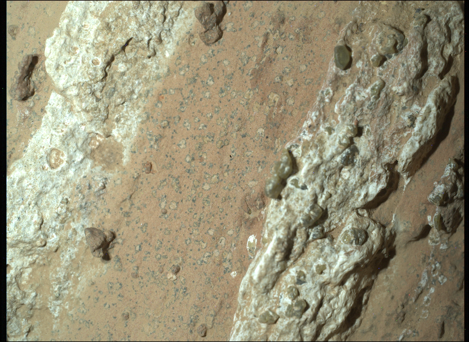 Bright Angel rock surface at the Beaver Falls site on Mars shows nodules on the right and a leopard-like pattern at the center.